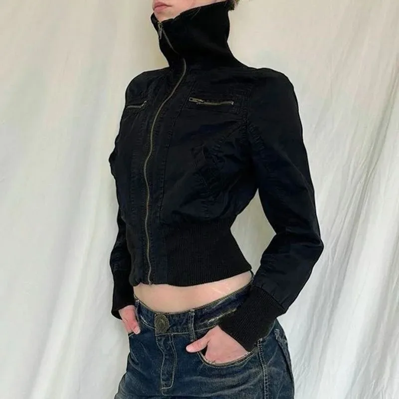 New Y2K High Neck Cropped Jacket Women Full Zip Multi Pocket Long Sleeve Slim Fit Black Outerwear Vintage Coat Autumn Daily Wear