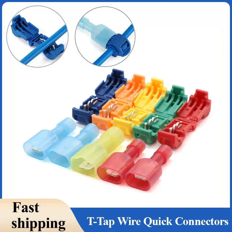 10/50pcs T-Tap Wire Connectors Self-Peeling Quick Splice Wire Terminal Insulation Male Quick Disconnect Spade Terminal Combo Kit