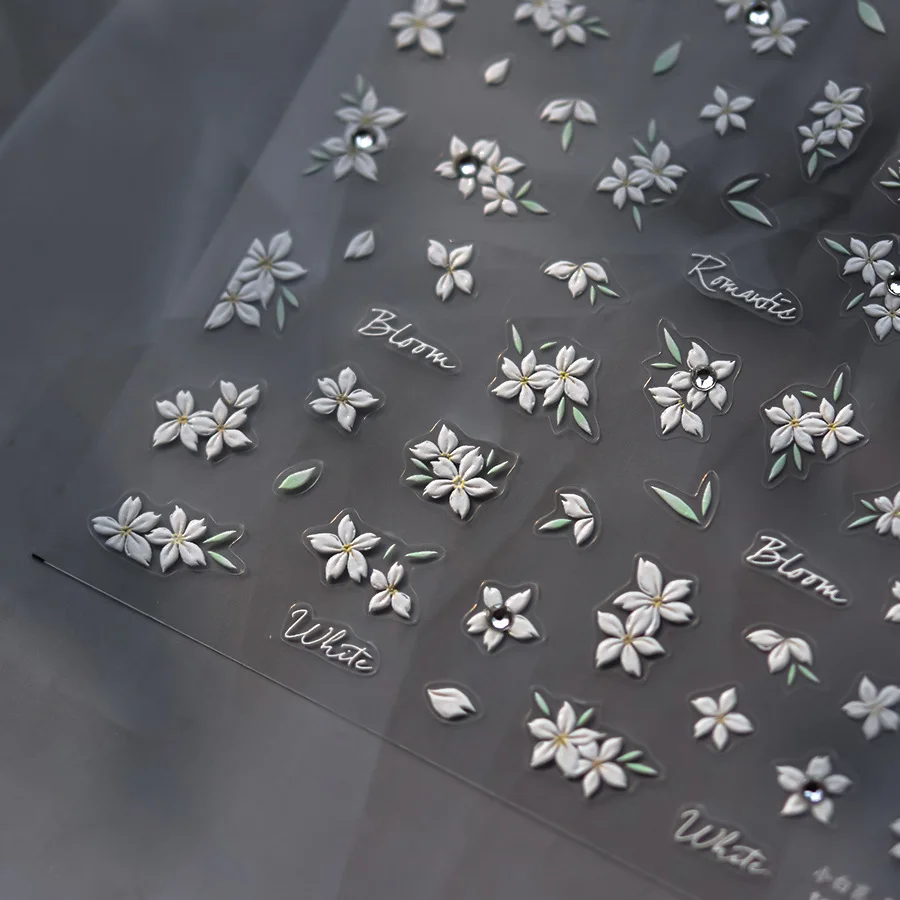 White Blooming Blossoms Flower Begonia Bowknot Star Rhinestones Pearl Soft Relief Nail Art Decoration Stickers Manicure Decals