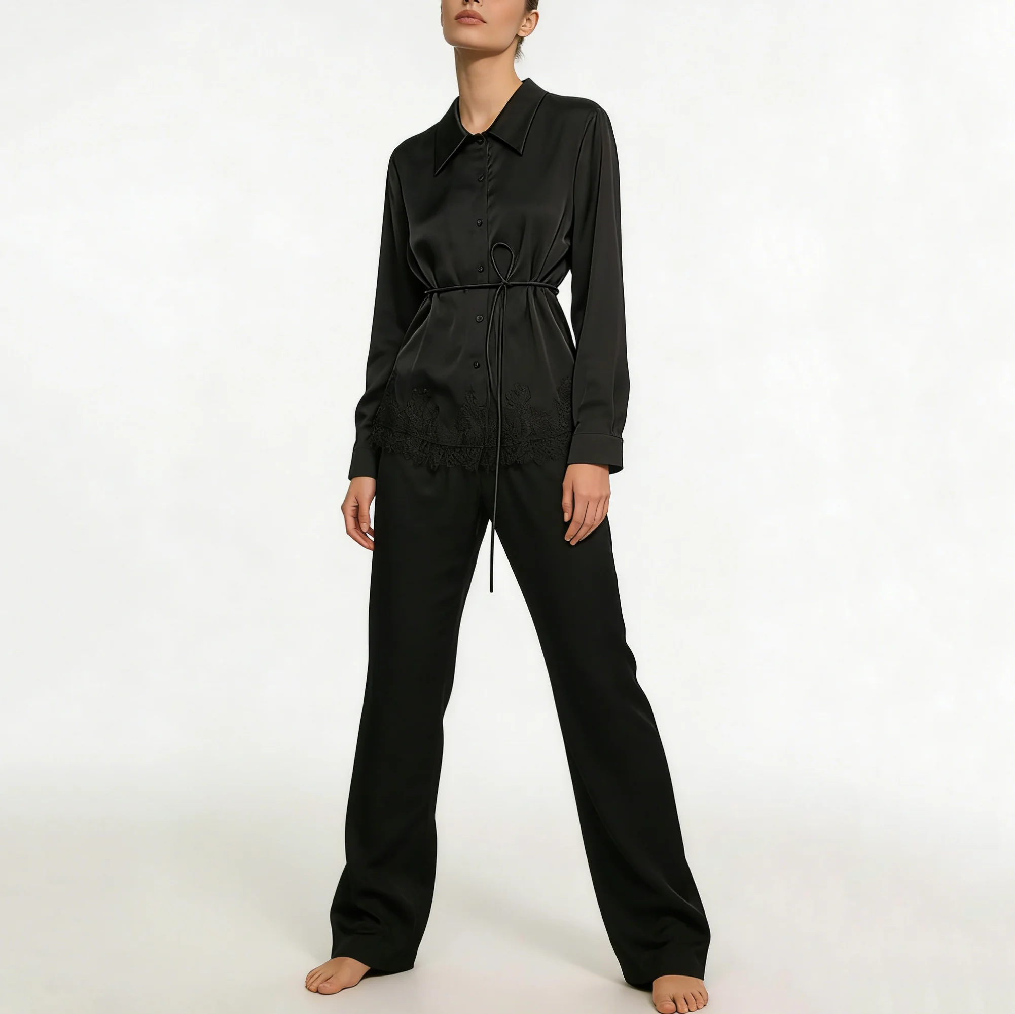 

CiCi Women Two Piece Set Satin Shirt Lace Tie Waist Wide Leg Pants Casual Loungewear 2026 Spring Summer Fashion