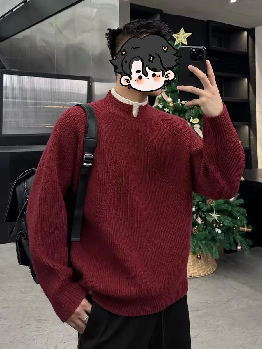 

Красный свободный вязаный свитер с круглым вырезом для мужчин, весенне-осенний, праздничный, новогодний, комплект из двух предметов, теплый топ, модная повседневная одежда