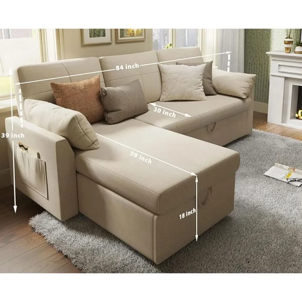 Sleeper Sofa,Sofa Bed- 2 in 1 Pull Out Couch Bed with Storage Chaise for Living Room,Beige Chenille Couch living room furniture