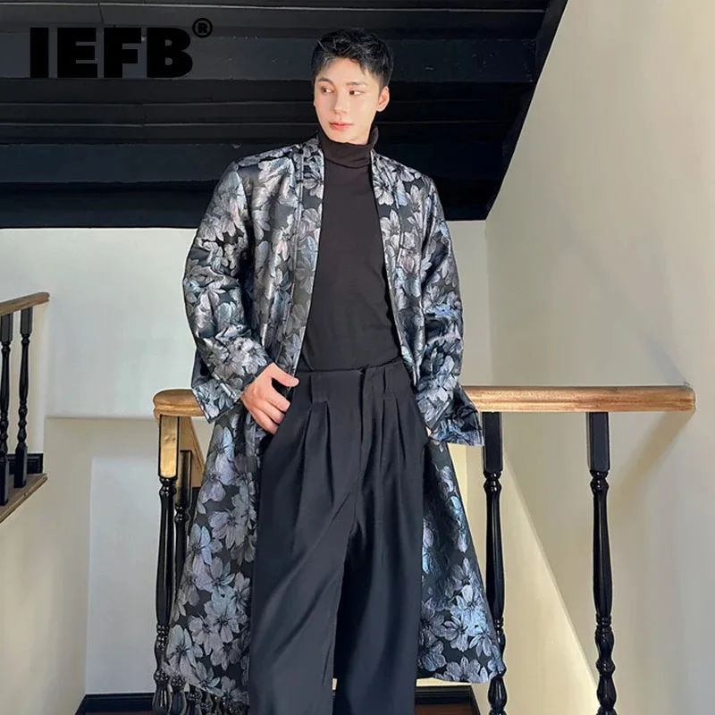 IEFB Niche Design Men's Trench V-neck Buttonless Printing Vintage Long Loose Male Windbreakers Autumn Fashion Menswear 9C7882