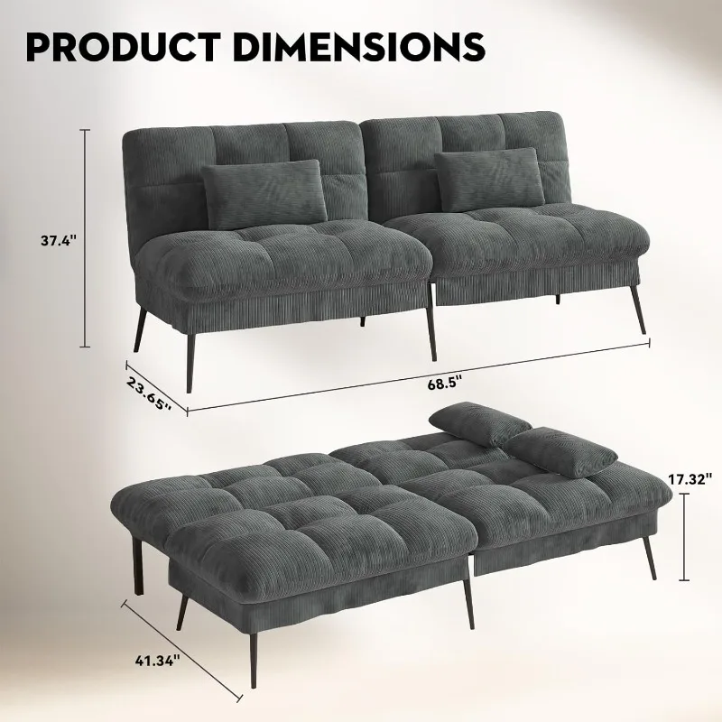 Converteerbare futon-slaapbank, 68" corduroy futonbank met verstelbare rugleuning, opvouwbare futon- loveseat voor woonkamer