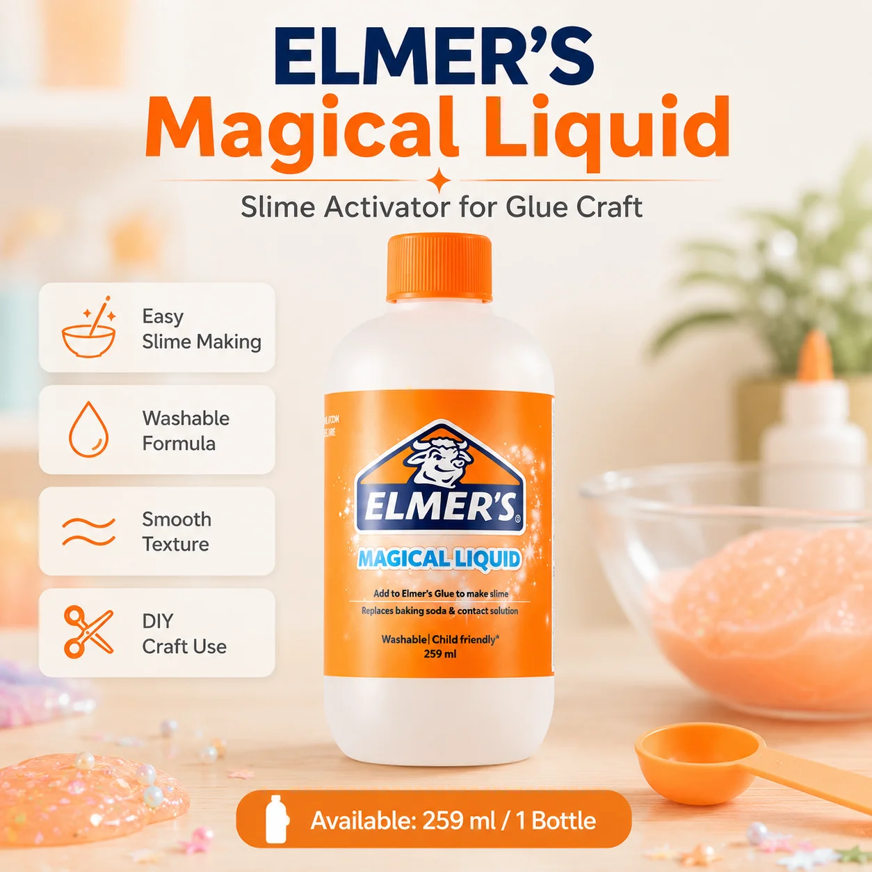 ELMER'S Magical Liquid Slime Activator Washable Clear Mixing Solution For DIY Slime Making Kids School Craft 259ml
