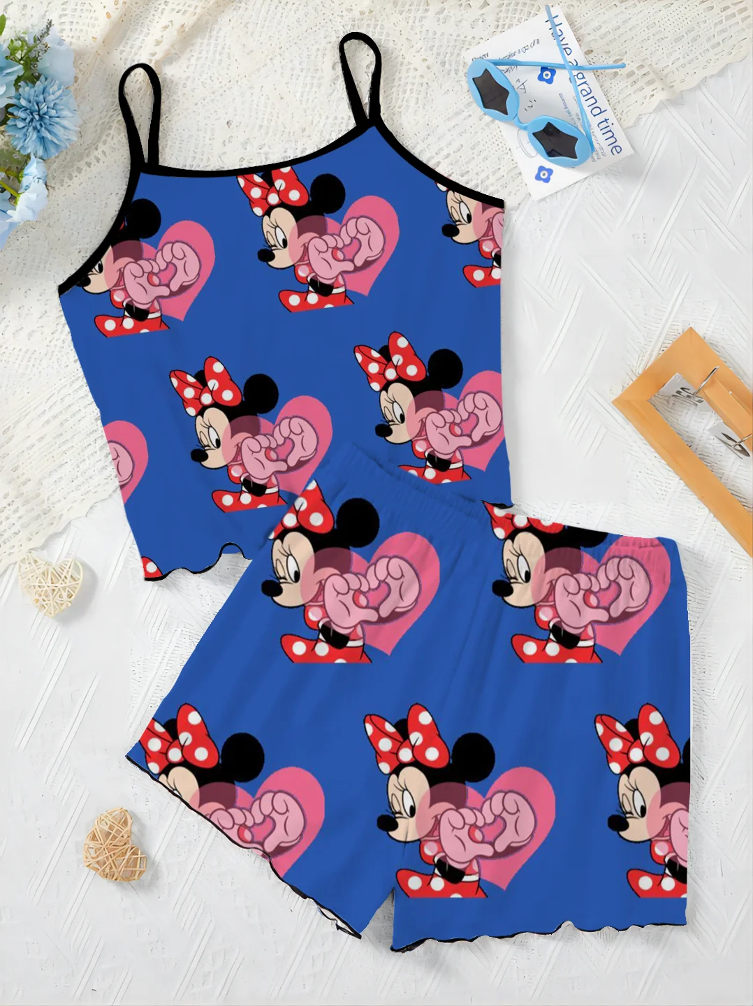 Conjunto elegante de 2 piezas de Disney para mujer, vestido con ribete de lechuga, camiseta de Minnie Mouse, Top de Mickey, falda de pijama, traje corto