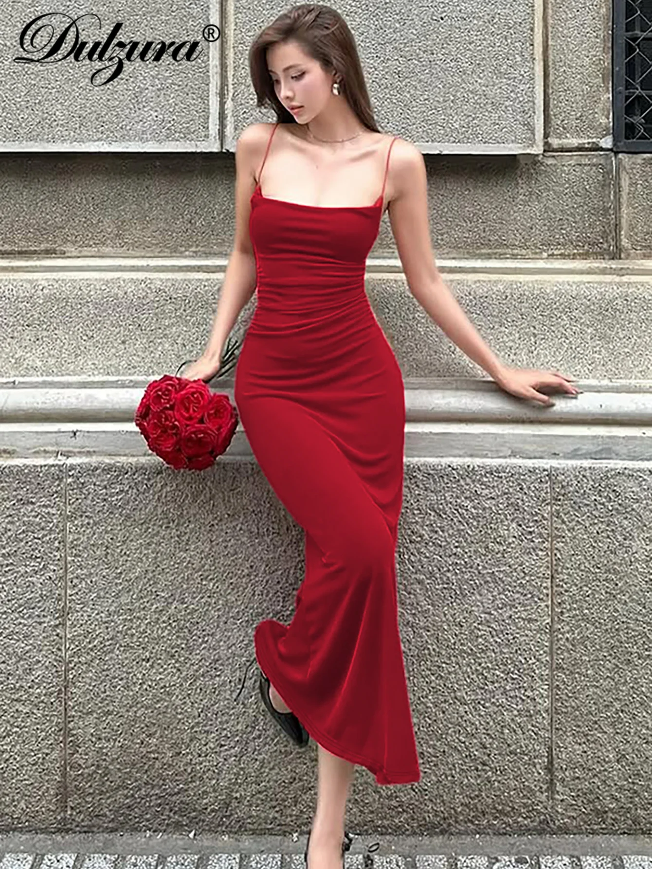 Dulzura Ärmelloses, rückenfreies, schmal geschnittenes, gerüschtes Cami-Maxikleid für Damen, solides, sexy, elegantes langes Kleid, Party, Club, Abschlussball, Sommerkleidung