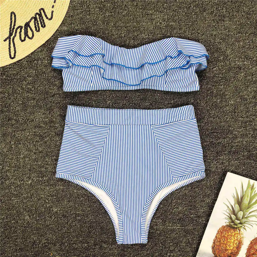 Gestreifter Bandeau-Bikini mit Rüschen, Damen-Badeanzug, hochtailliert, zweiteiliger Bikini, Badebekleidung, Badeanzug, Modell V1183. – Detail 13
