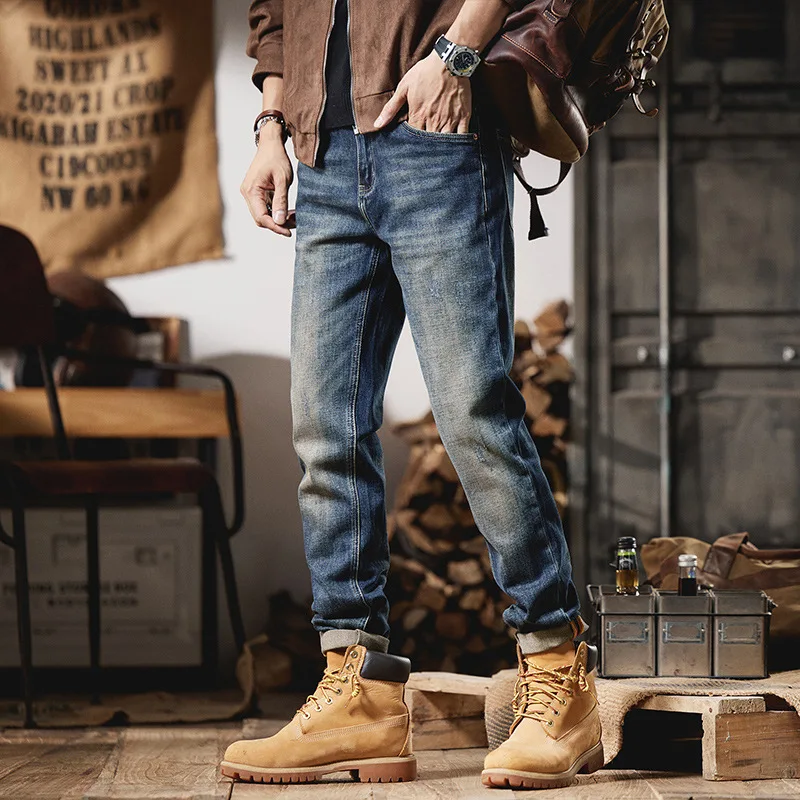 Nueva moda Otoño Invierno hombres Retro Azul Casual moda Simple básico suelto recto pantalones vaqueros masculinos pantalones vaqueros ropa