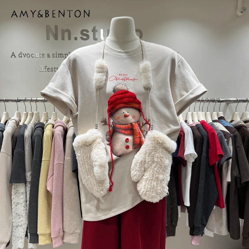 

Christmas Snowman Print Loose Oversized T-shirt Ladies 2025 Autumn Winter Stylish Mid-Length O-Neck Short Sleeves Top Tshirts