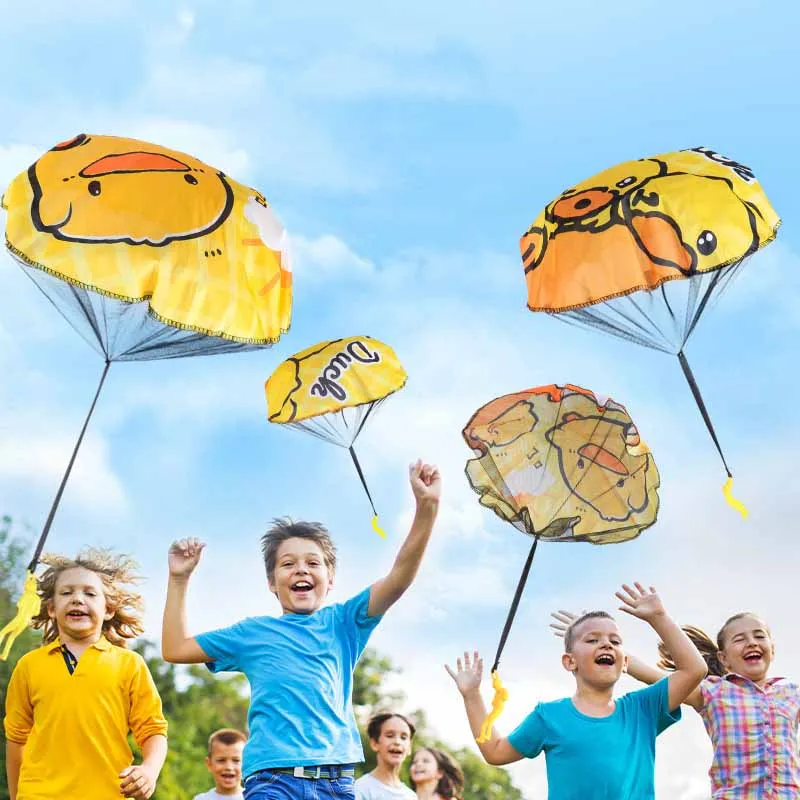 Paracaídas de pato amarillo de 2 piezas para niños, deportes al aire libre, juguetes de parque, caída de aire, juegos al aire libre, accesorios pequeños