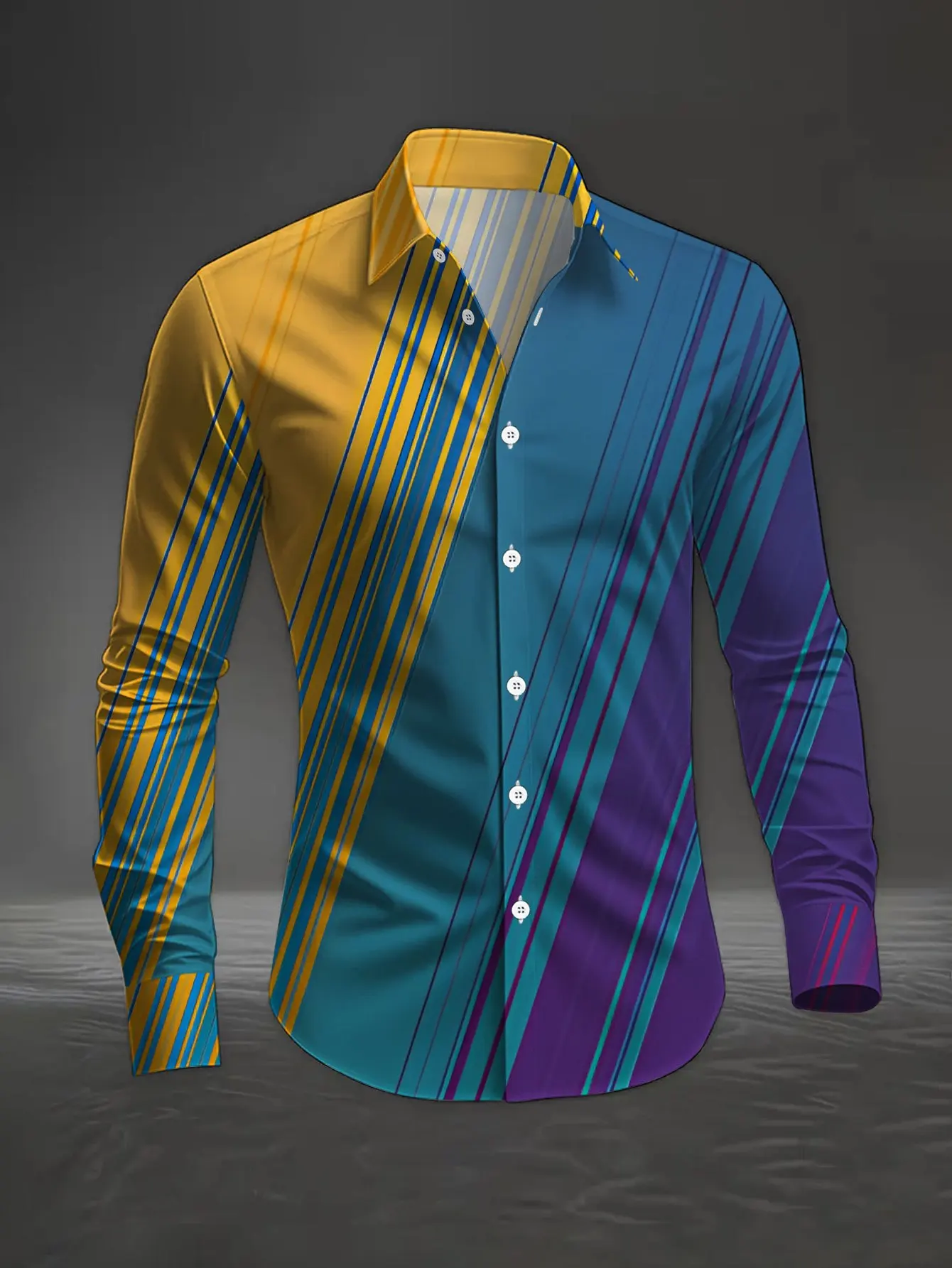 Men Lapel Collar Shirt Multi‑Color Splicing Diagonal Striped Graphic Polyester Long‑Sleeve Top