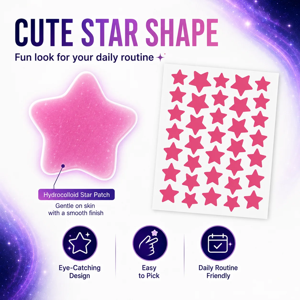240PCS Hydrocolloid Star Pimple Patches, 6 Colors, Cute Face Stickers, Lightweight Daily Skin Care Patches
