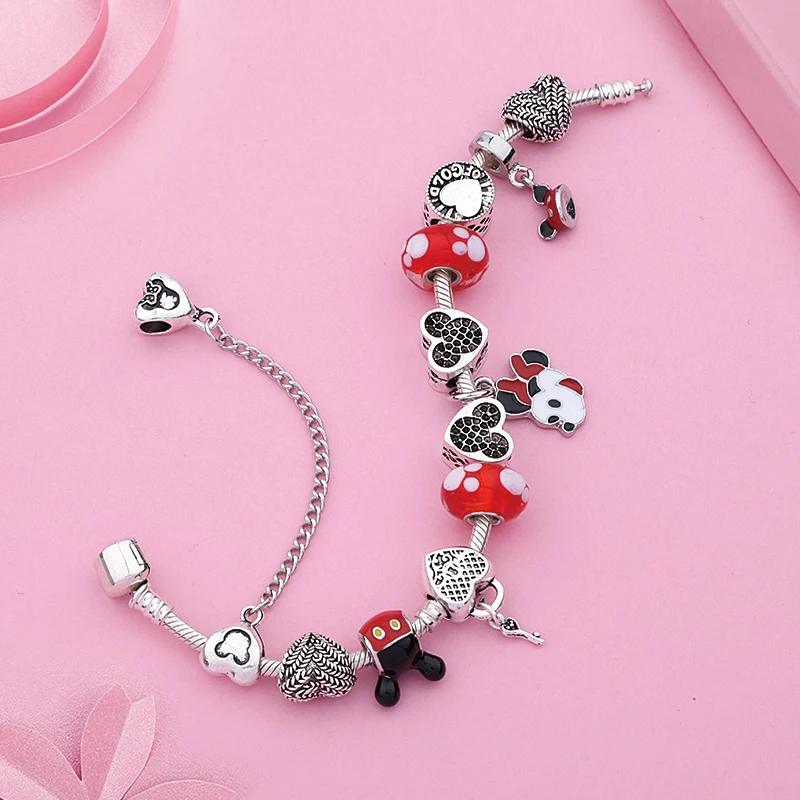 Mix Style Cartoon Disney Mickey Minnie Charm Bracelet Red Crystal Beaded Jewelry Antique Silver Color Heart DIY Bracelet