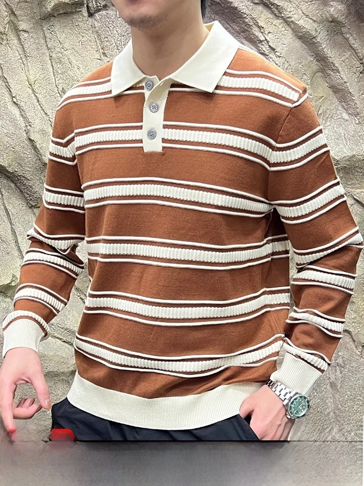 

Ele Leisure Sle, мужской вязаный свитер, винтажный полосатый отложной воротник, длинный свек, теплый модный осенне-зимний топ