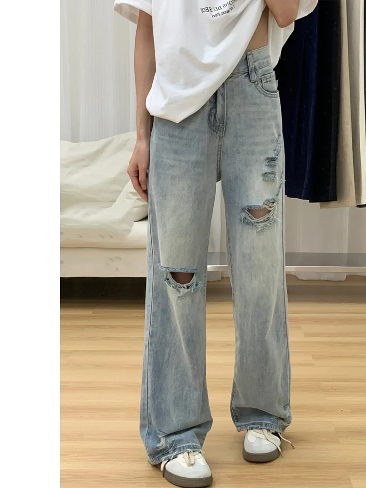 High Waist Wide Leg Jeans Women's Spring Thin Version Plus Size Loose Small Size Slim Straight Cut Denim Pants Torn Hole Style