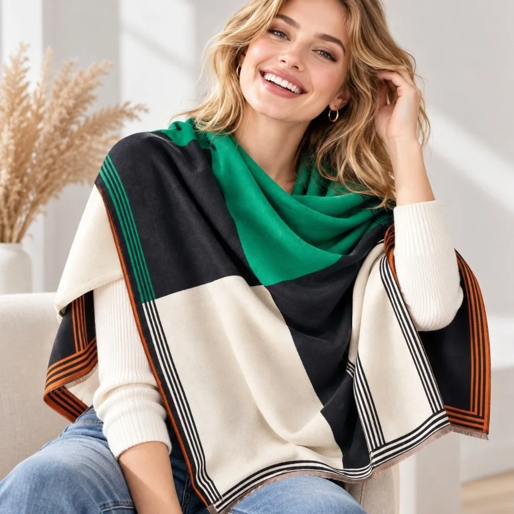 Luxury Warm Double Sided Scarf Soft Plaid Pattern Cashmere Feel Scarf Thick Over-Sized Plaid Scarf Gift
