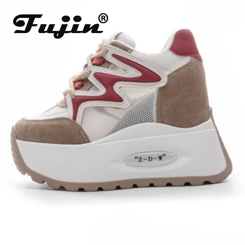 

Fujin 12cm Air Mesh Chunky Sneaker Genuine Platform Wedge Breathable Women Women Microfiber Leather Shoes Mules Shoes Summer