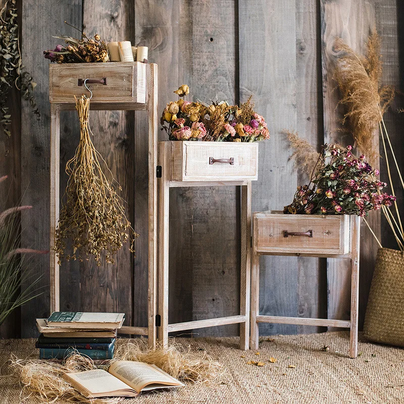 

Vintage distressed solid wood staircase rack, screen partition pots, flower columns arrangement