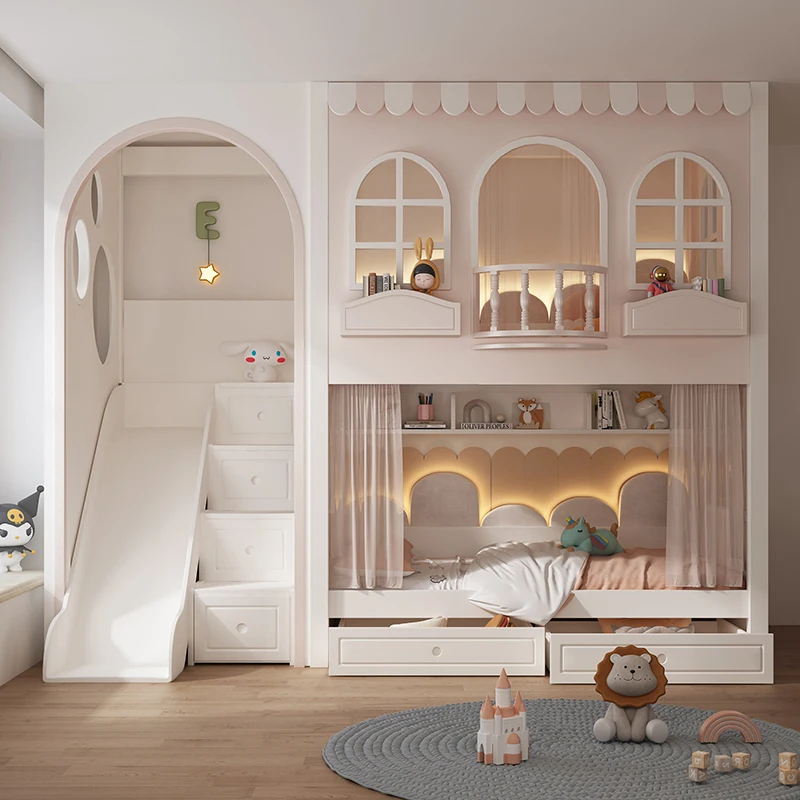 All solid wood double-layer climbing bed, dream castle, tree house with the same width up and down