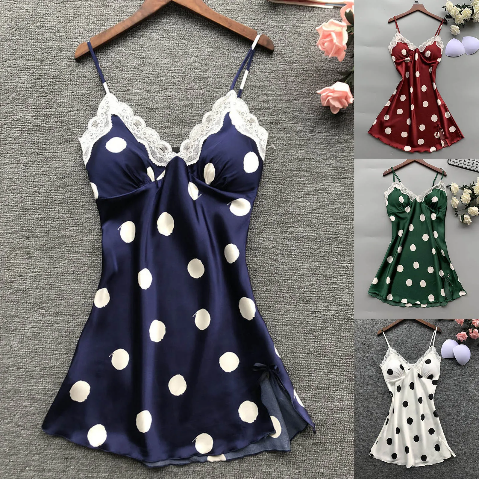 

Women Lace Decoration Polka Dot Print Nightgown Sexy Nightwear Lace Patchwork Lingerie Night Wedding Dress Sleep Wear Nightdress