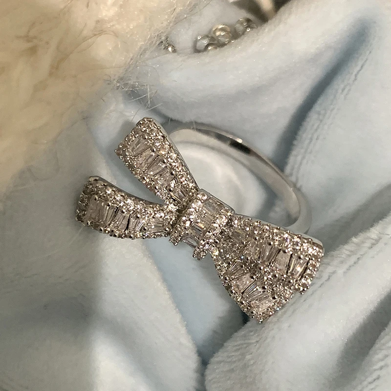 Foxanry Trendy Elegant Bow-knot Ring for Women Couples Sparkling Zircons Ring Wedding Party Jewelry Gifts