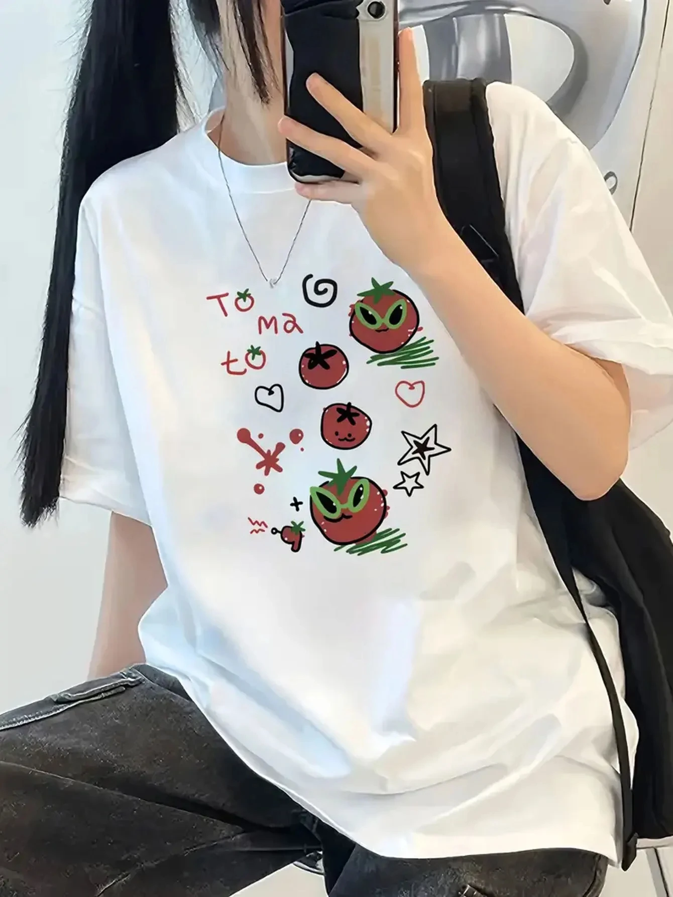 

Cool and Cute Tomato Printed Grey T-shirt Loose Retro O-neck Short Sleeve 2025 Summer New Women's Edition Shirts for Women