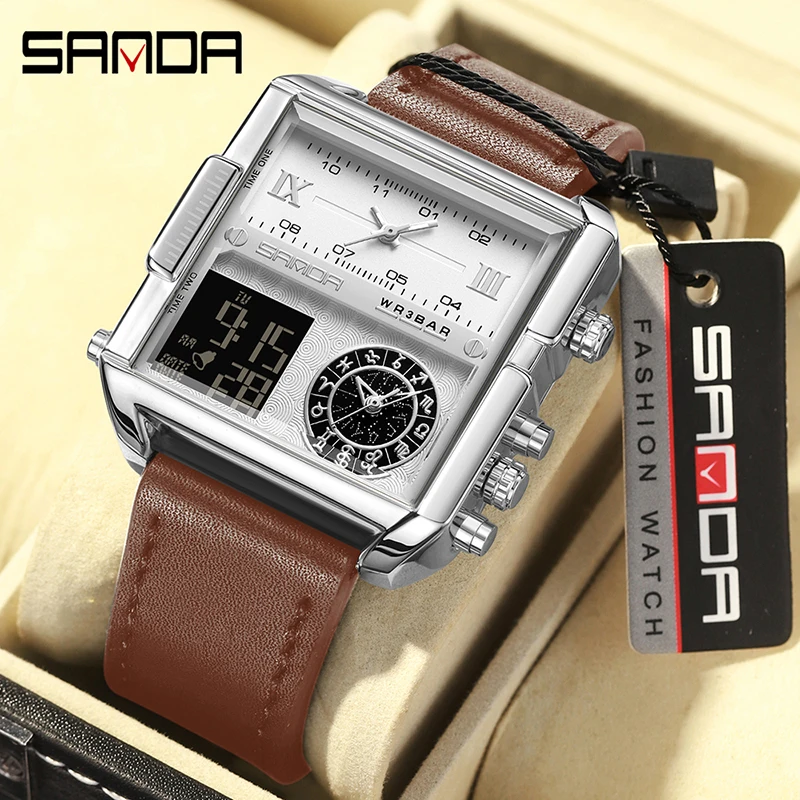 

2023 SANDA 9008 Leather Men Watches Brand Male Clock Dual Time Display Digital Quartz Stopwatch Alarm Clocks Sport Waterprf