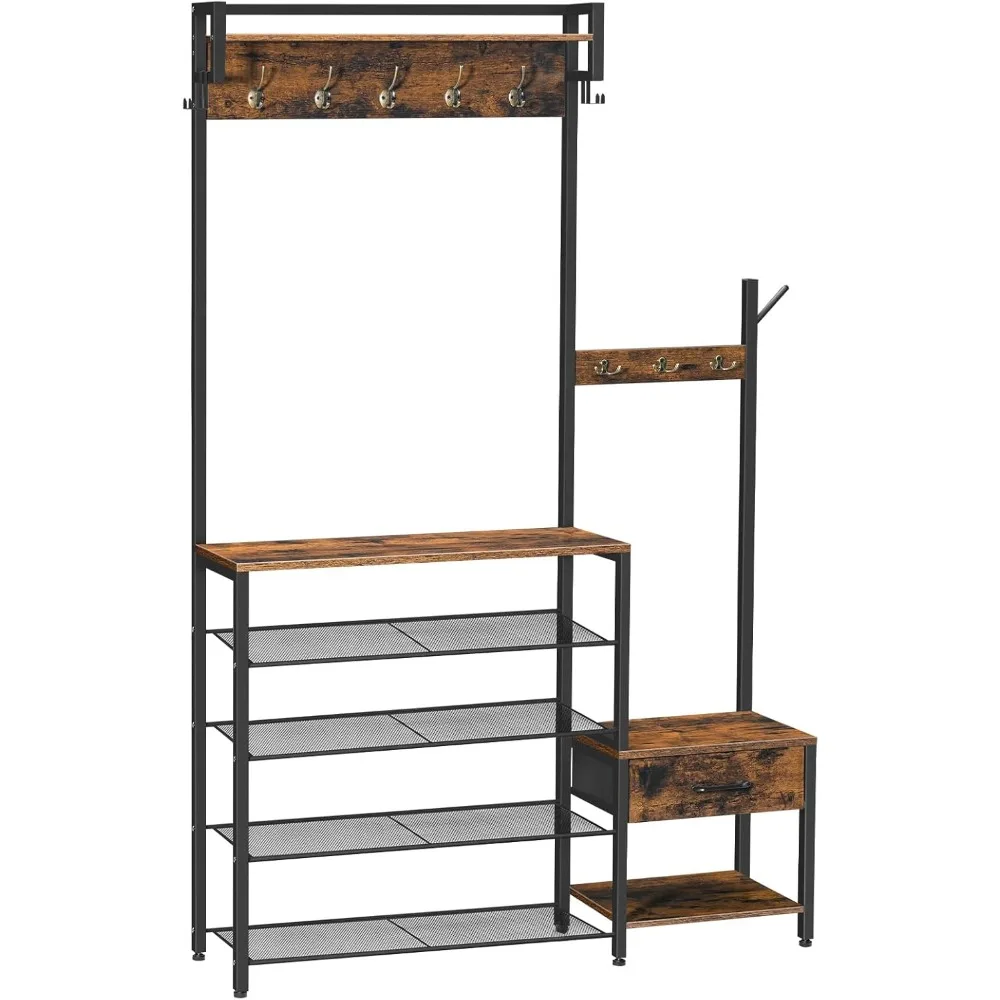 مقعد تخزين المدخل مع رف معطف وتخزين الأحذية، وأدراج قماش غير منسوجة