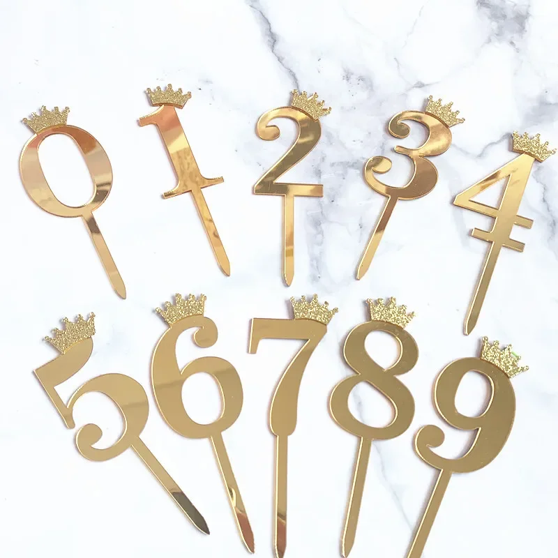 1Pcs Mirror Surface Cake Topper Acrylic Number 0-9 with Crown Kids Birthday Party Cake Decorating Wedding Anniversary Topper