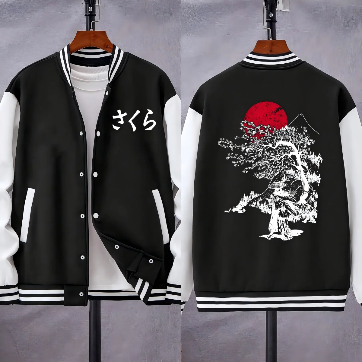 

Harajuku Sunset Cherry Blossom Swordsman Design Куртки Мужская осенняя теплая бейсбольная форма флисовый пуловер с карманами Свободная уличная одежда