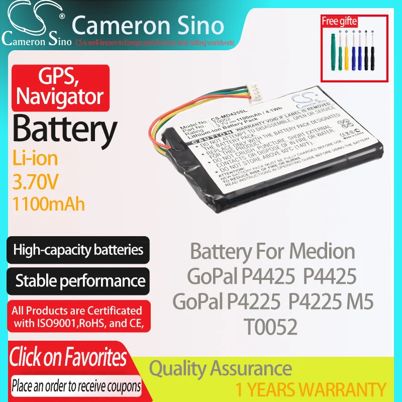 CameronSino Battery for Medion GoPal P4425 GoPal P4225 P4225 M5 P4425 fits Medion T0052 GPS,Navigator battery 1100mAh 3.70V