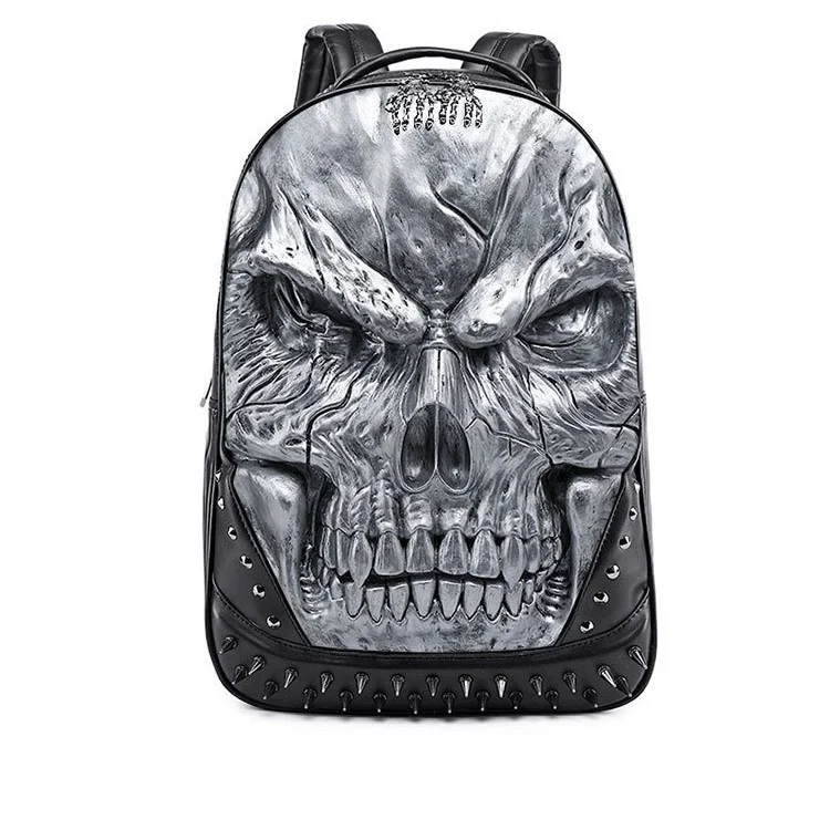 Punk Rock 3D Stereo Skull Head Rivet Motorcycle Knight Dark Style Backpack Street Cool Trendy Shoulder Bag for Youth Male Female