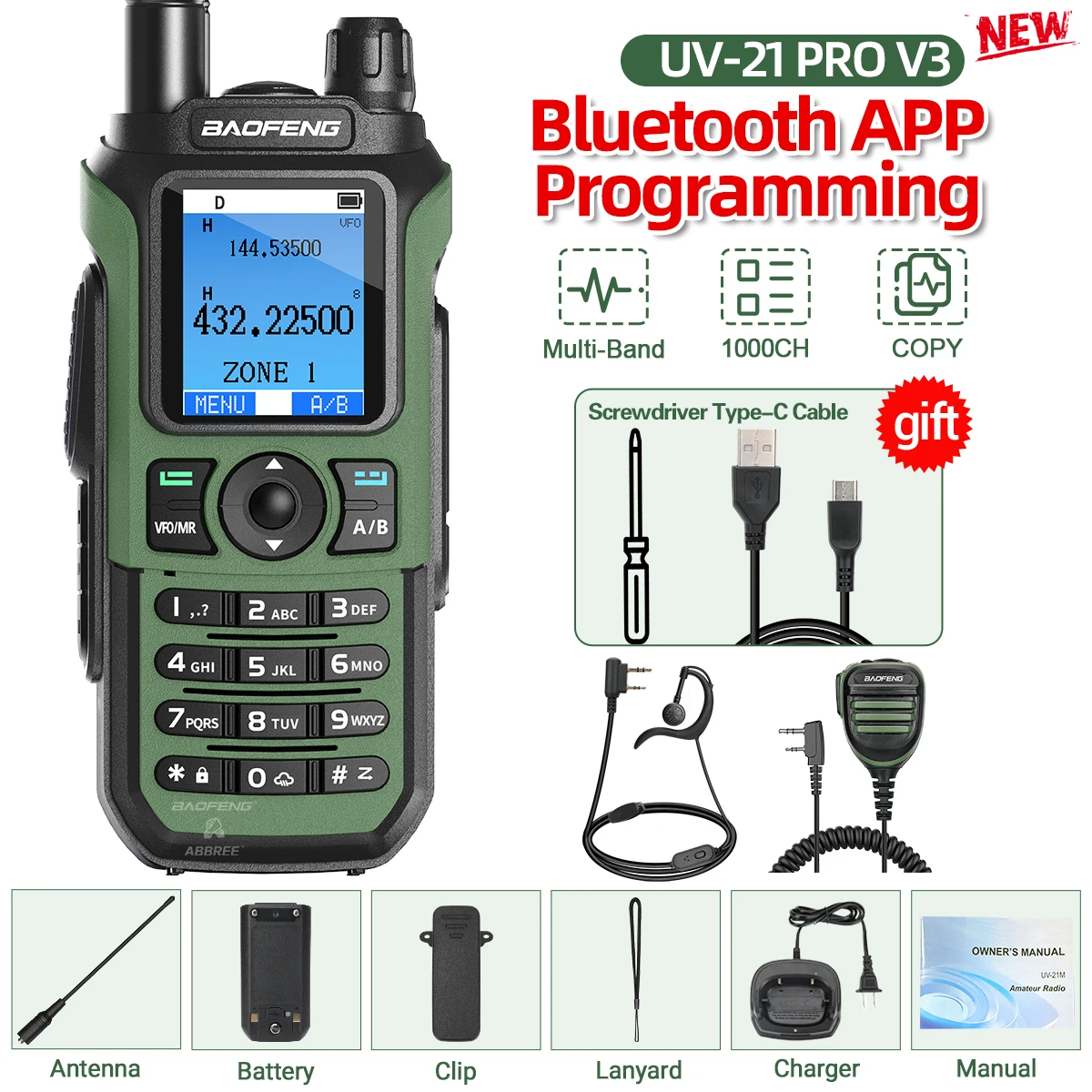 Baofeng UV-21 PRO Air Band Walkie Talkie Lange afstand Bluetooth Programmering 1000CH AM FM NOAA VOX Type-C Oplader V3 Tweerichtingsradio
