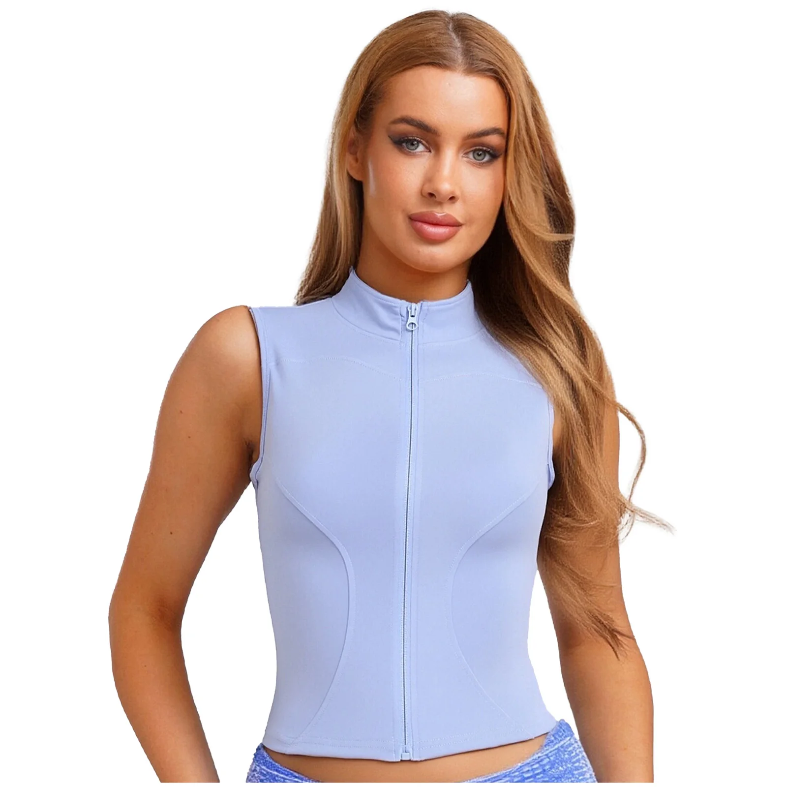 Women Summer Daily Sports Vest Stand Collar Sleeveless Solid Color Tank Top Athletic Vest for Yoga Pilates Gym Fitness Running