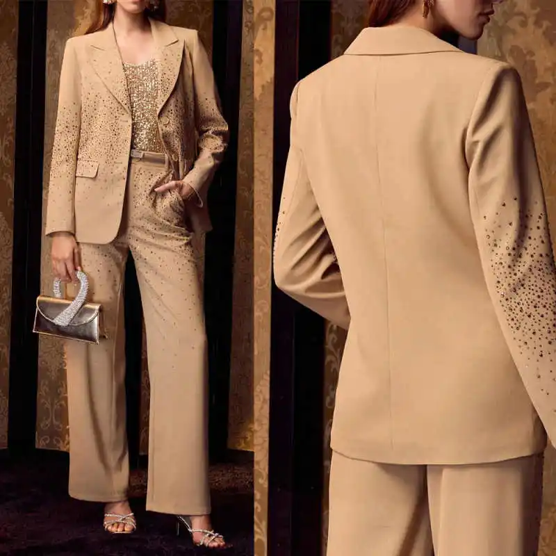 

Fashion Crystals Mother Of The Bride Suits Long Sleeve Jacket Blazers 2 Pieces Birthday Party Customized Wear