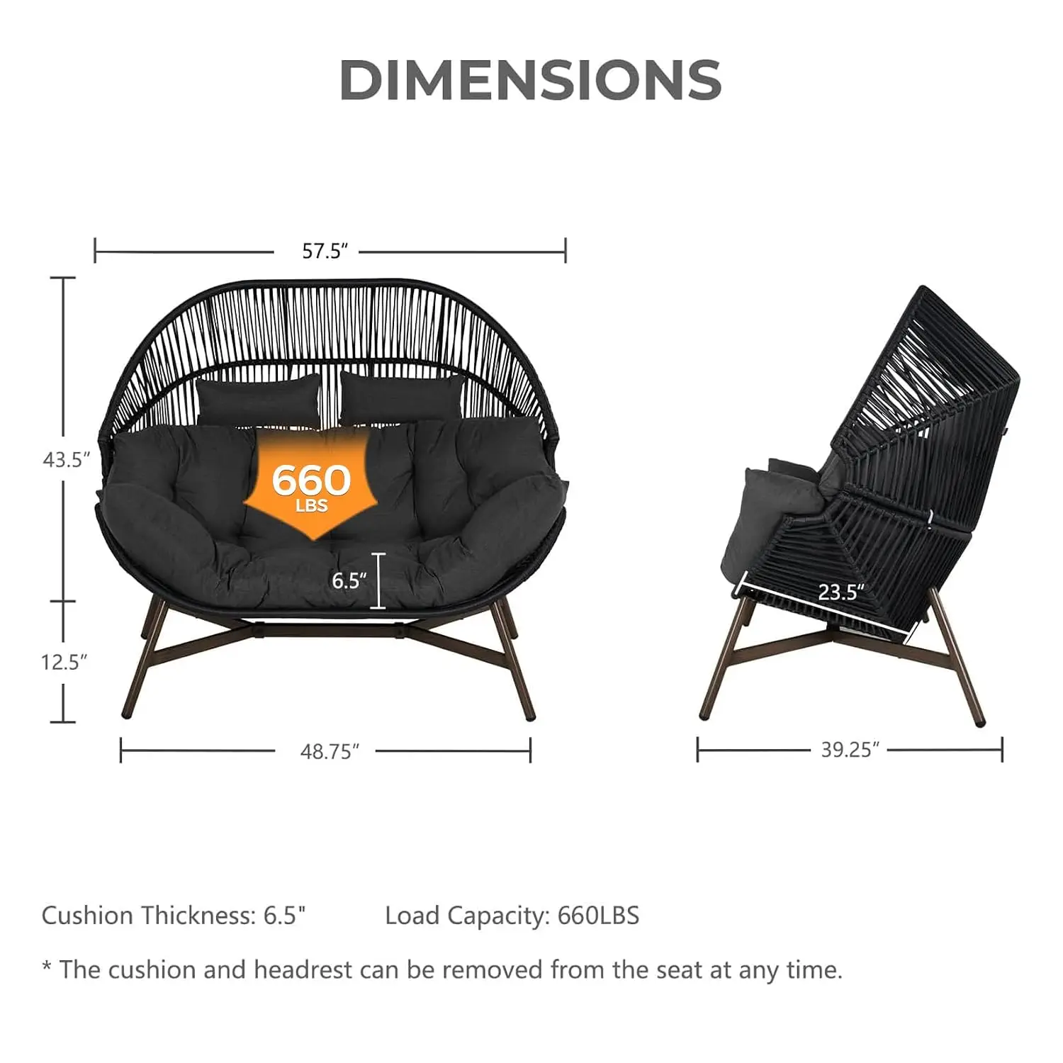 Outdoor Modern 2-Seat Wicker Egg Chair with Cushion, Stationary Patio Loveseat Accent Chair, Grey