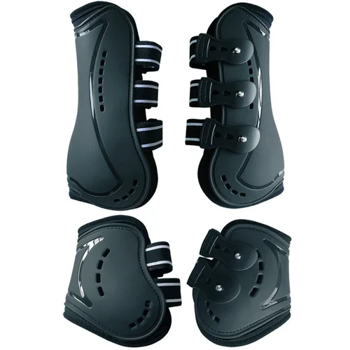 Protector de pierna de caballo, 2 pares de carcasa de PU, protector de pierna delantero y trasero para caballo, botas protectoras, juego de protectores de piernas con mosca de caballo durante el salto