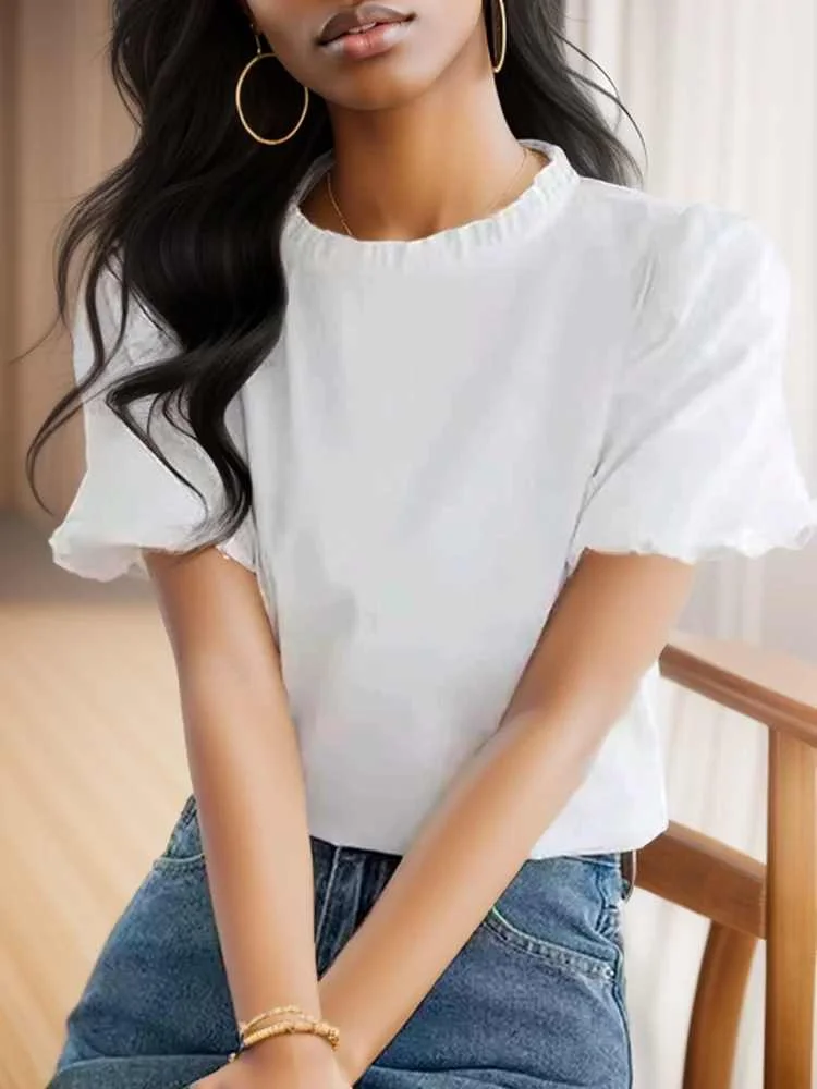 ZANZEA Summer White Women Blouse Korean Ruffled Puff Short Sleeve Tops 2024 Elegant Half Turtle Neck Tunic Sweety Loose Blusas