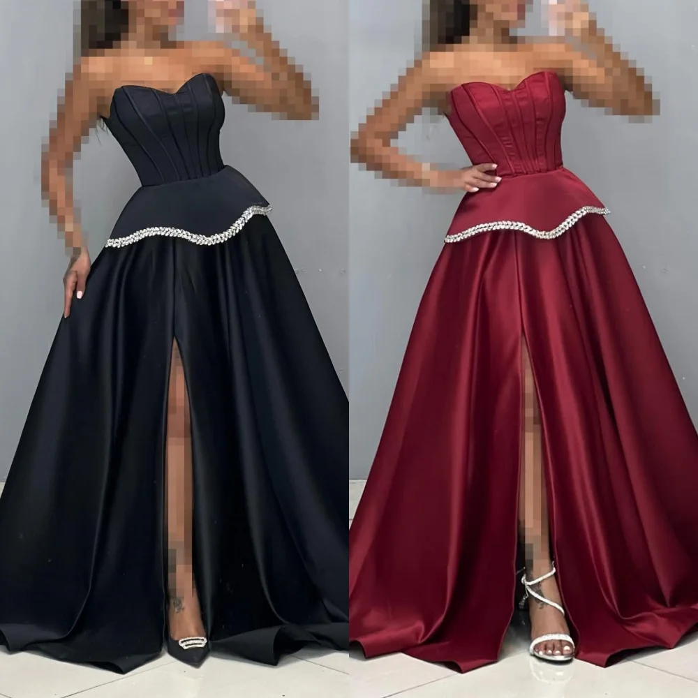 

Customized High Quality Elegant Charmeuse Rhinestone Ruched A-line Strapless Long Dresses Bespoke Occasion Dresses Modern Style