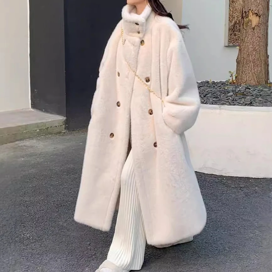 النساء فو الفراء معاطف طويلة جاكيتات الوقوف طوق معطف سميك دافئ Y2k الشارع الشهير سترة أنيقة العمل ملابس خارجية غير رسمية الخريف الشتاء