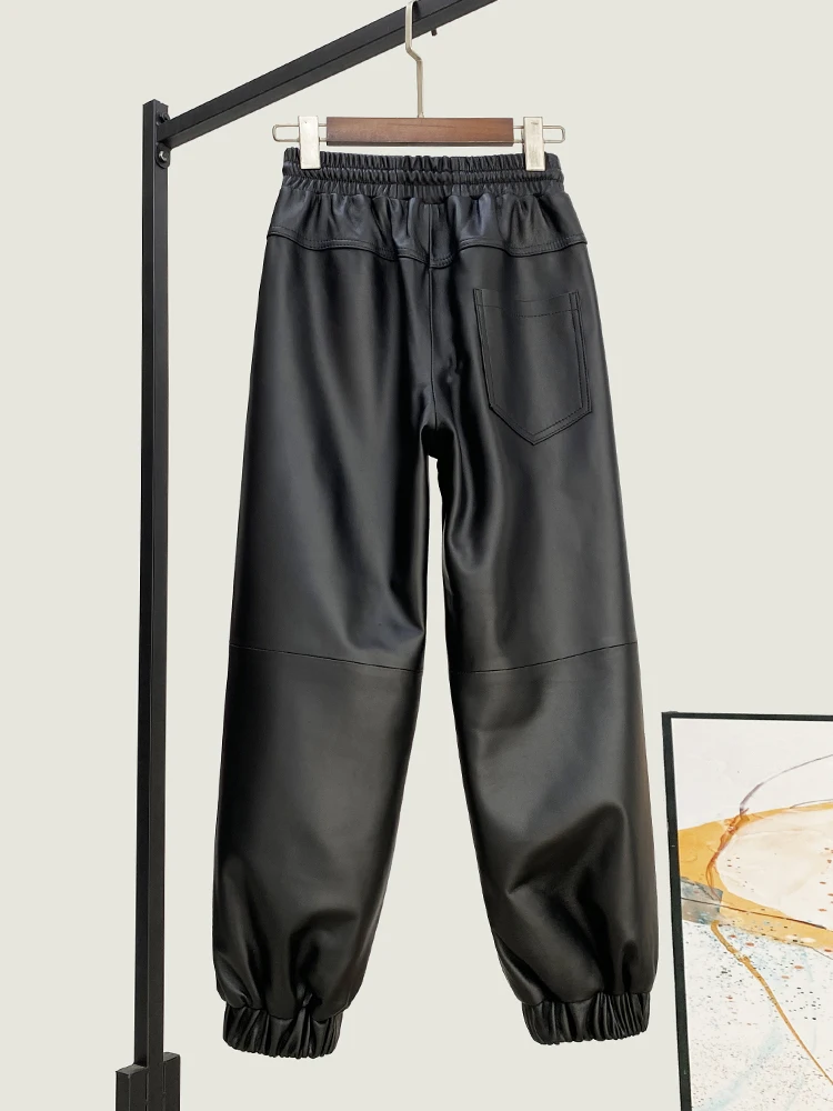 High Quality Genuine Real Leather Pants Women's Winter New Loose Waist Fashion All-Match Cropped Skinny