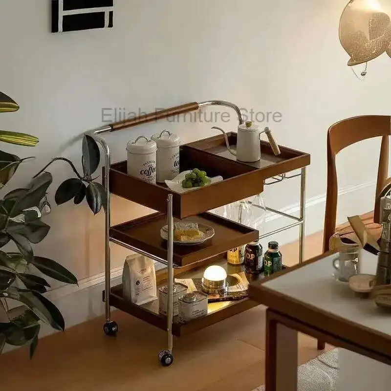 

Nordic Multifunctional Movable Cart, Three-layer Storage with Hooks, Stainless Steel Corner Cabinet Small Coffee Table Rack
