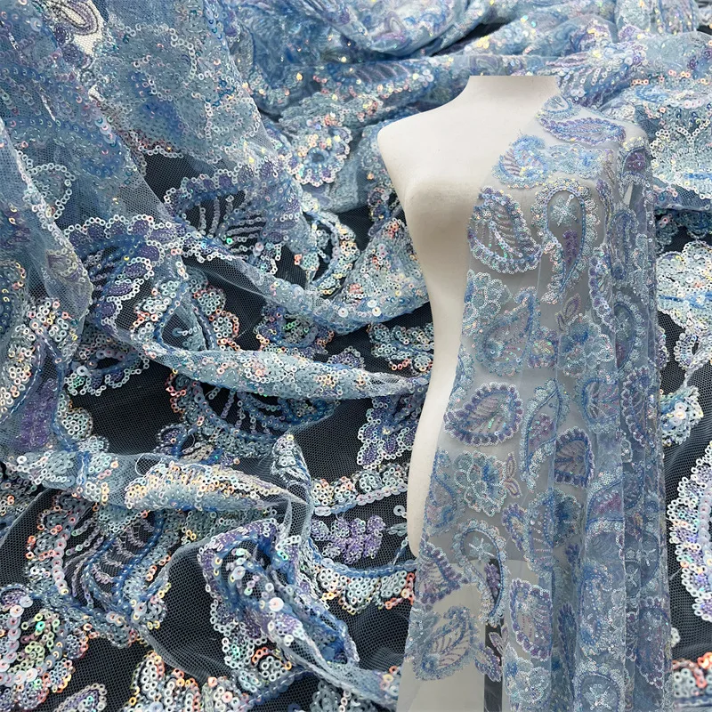 

1yard Luxury Cashew flower sequin Embroidery lace fabrics cheongsam wedding dress accessories fabric for material