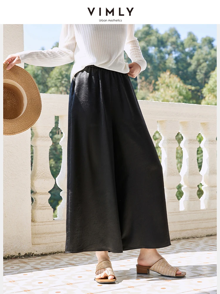 VIMLY 2025 Spring New Women Commuting Pants Vintage Casual Loose Wide leg Pants Temperament Fashion Simple Drape High Waist Pant