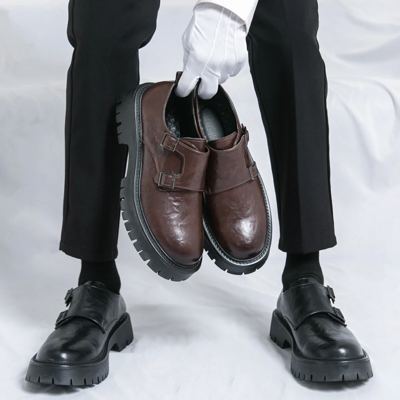 STRONGSHEN Men Leather Shoes Designer Casual Business Dress Oxfords Platform Loafers Slip-on Moccasins Thick Sole Wedding Shoes