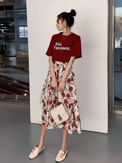 

Spring Summer Floral Print Dress Set Women's Korean Style High Waist Loose Fit Casual Polyester Fiber Two-Piece Suit
