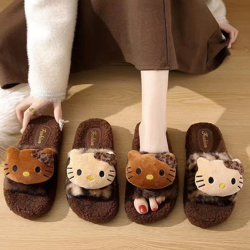 

Y2K Hello Kitty Cartoon Leopard Print Fur Slippers Kawaii New Indoor Comfortable Non-Slip Slippers Cute Couple Cotton Shoes Gift