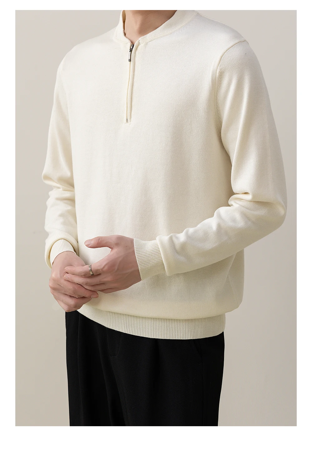 Autumn Winter Commuting Style Men's Black Off-White Half-Zip Turn-Down Collar Sweater Business Casual Navy Blue Coffee Sweater