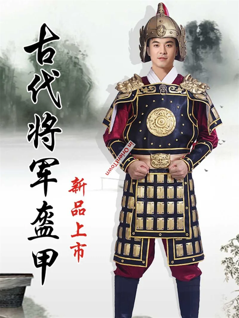 Ancient Soldier Gold Armor Performance Costume Men Drama General Armour Battle Robe Chinese Film Television Stage Outfit Man